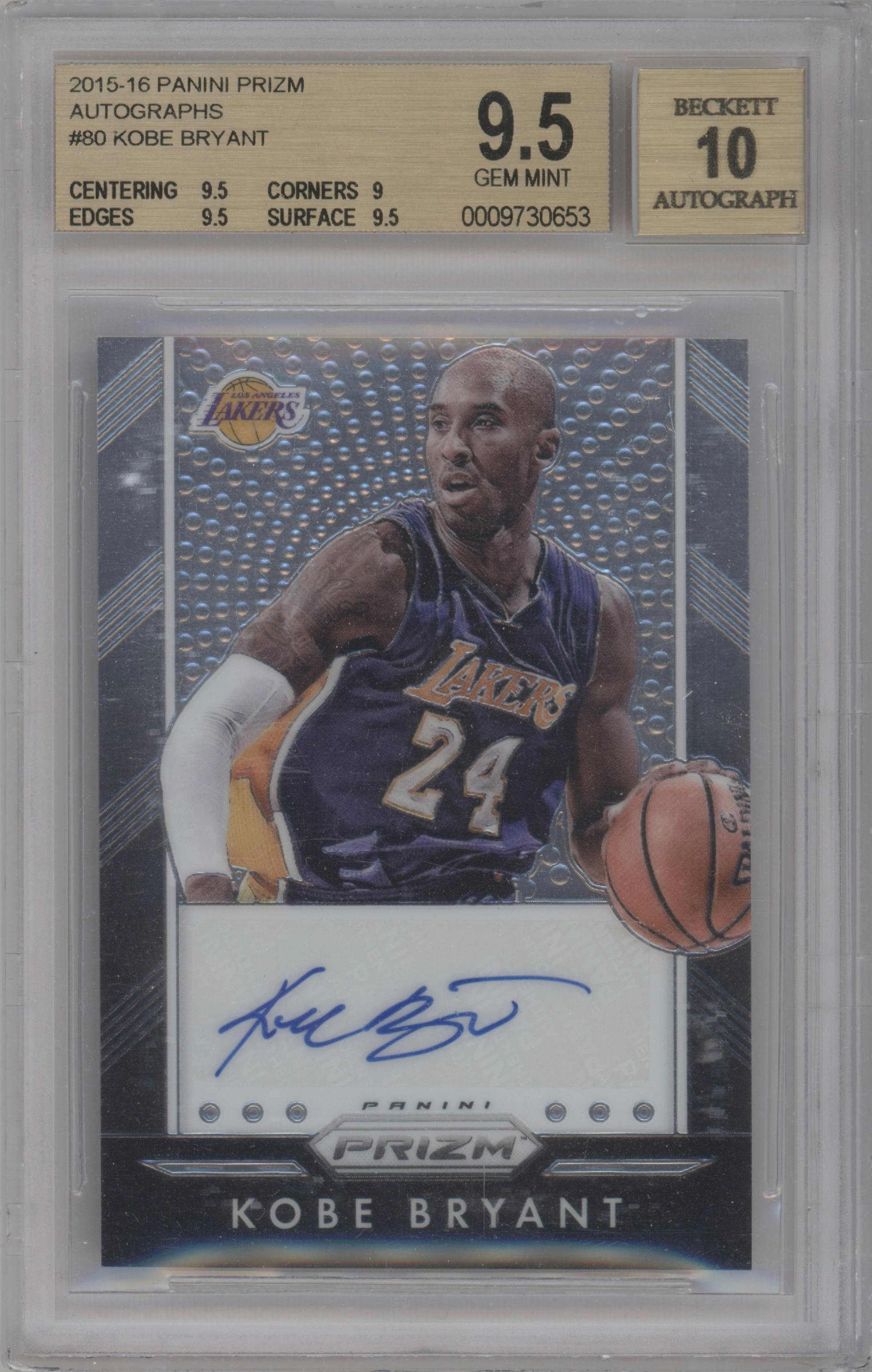Kobe Bryant from the 2015-16 Panini Prizm  set graded by Beckett and given an overall grade of 9.5.
