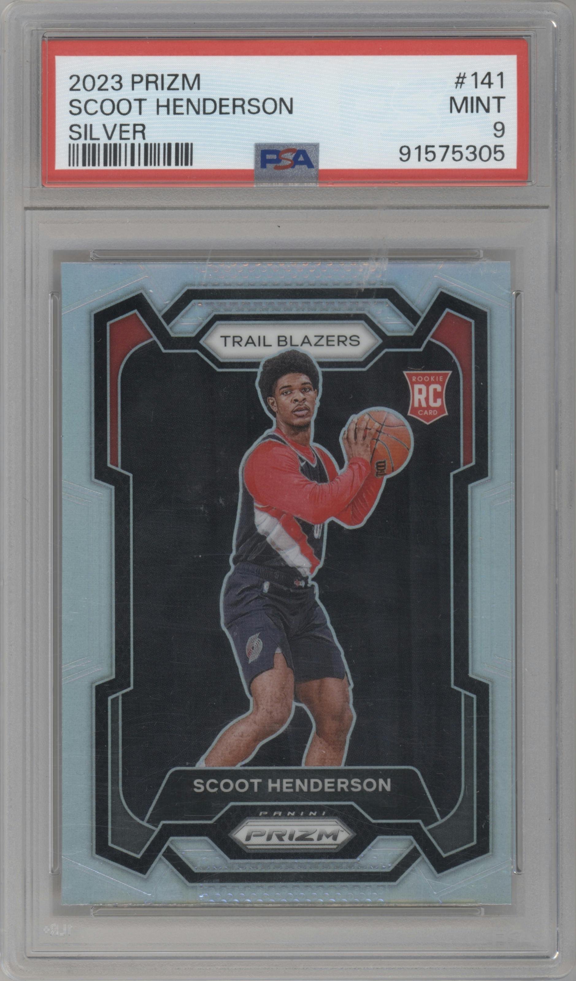 Scoot Henderson from the 2023-24 Panini Prizm set featuring a Silver Prizm  parallel graded by PSA and given an overall grade of 9.