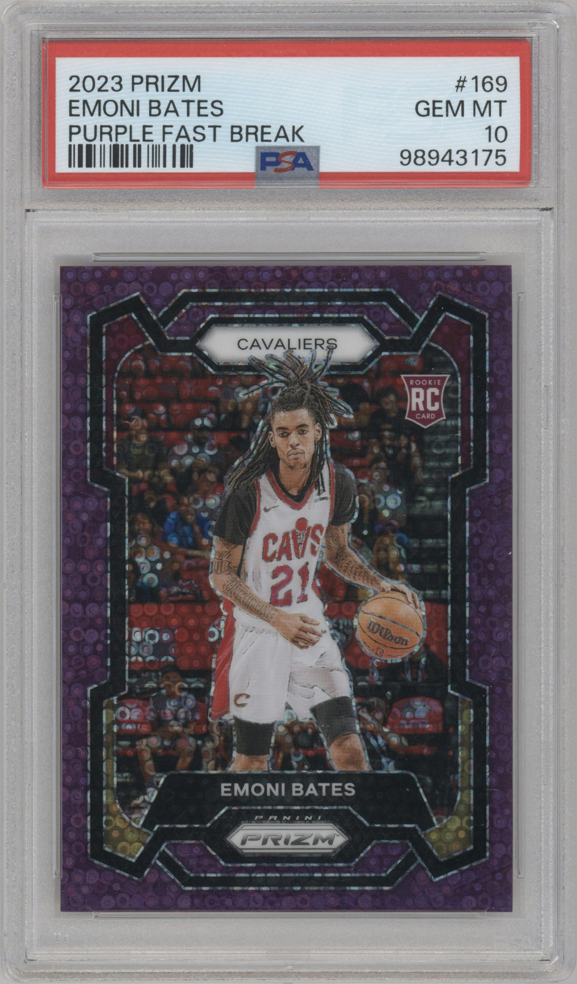 Emoni Bates from the 2023-24 Panini Prizm set featuring a Fast Break Purple parallel graded by PSA and given an overall grade of 10.