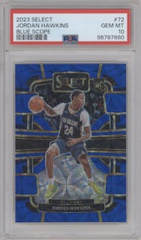 Jordan Hawkins from the 2023-24 Panini Select  set featuring a Blue Scope parallel graded by PSA and given an overall grade of 10.
