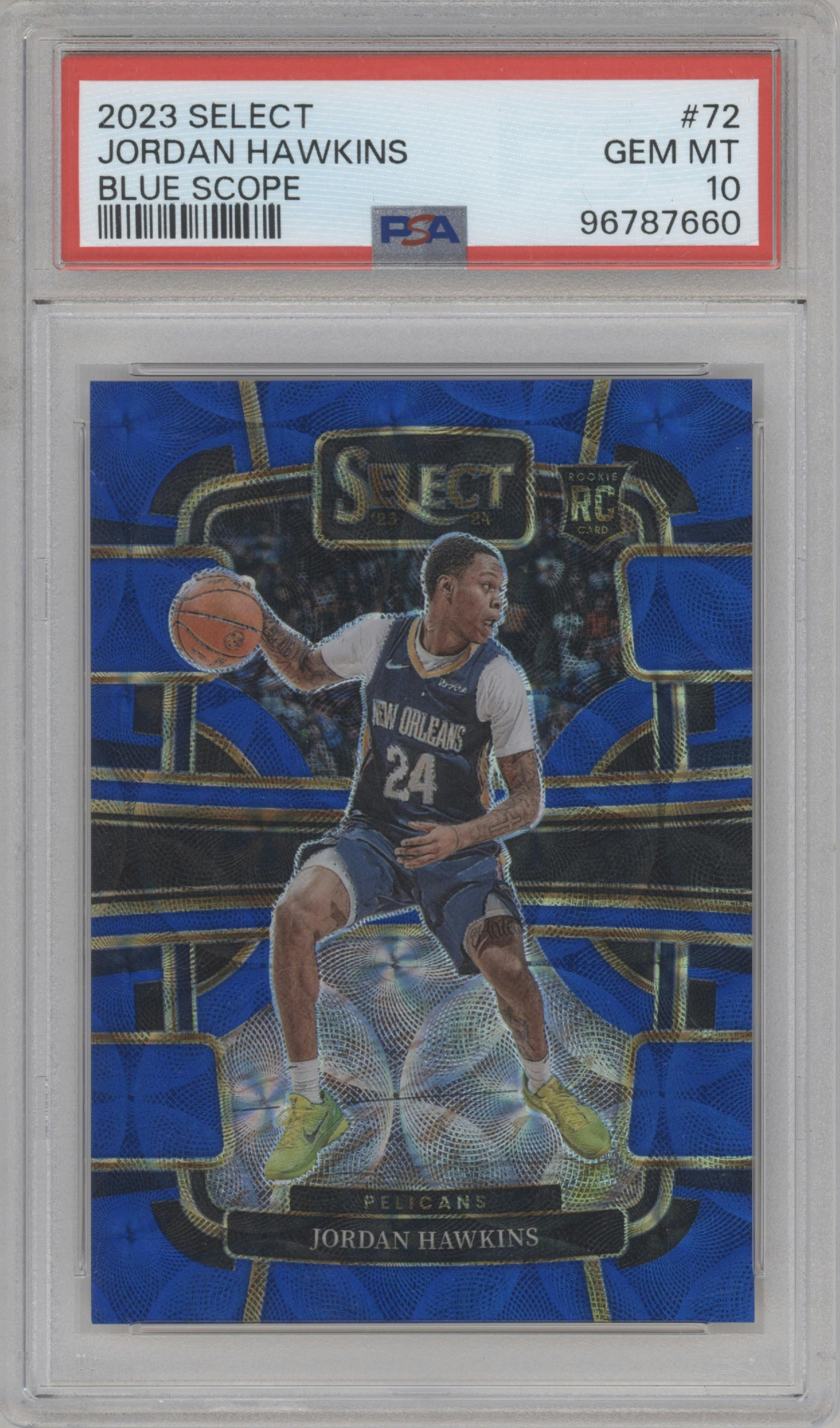 Jordan Hawkins from the 2023-24 Panini Select  set featuring a Blue Scope parallel graded by PSA and given an overall grade of 10.