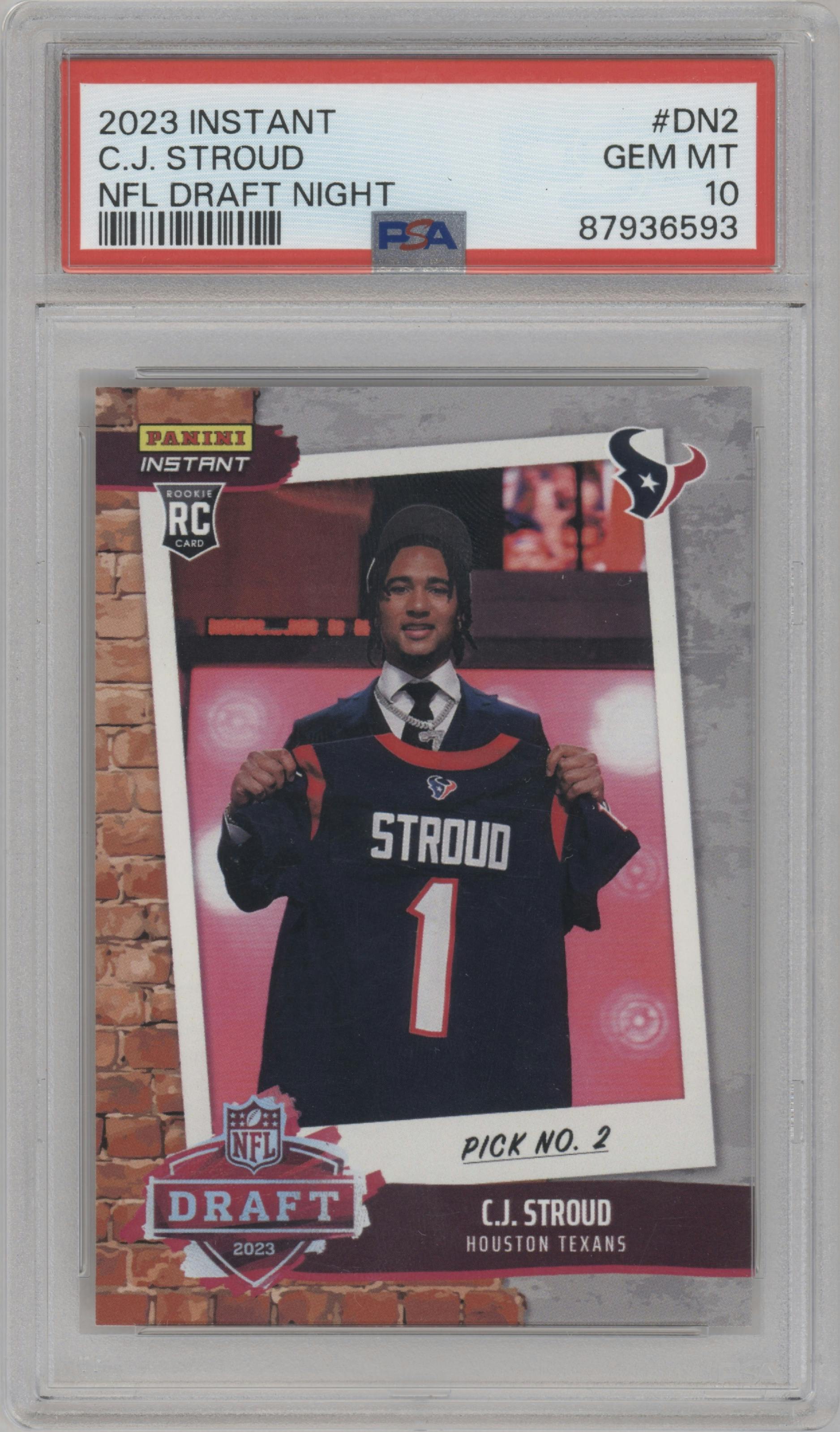 C.J. Stroud from the 2023 Panini Instant NFL Draft Night set graded by PSA and given an overall grade of 10.