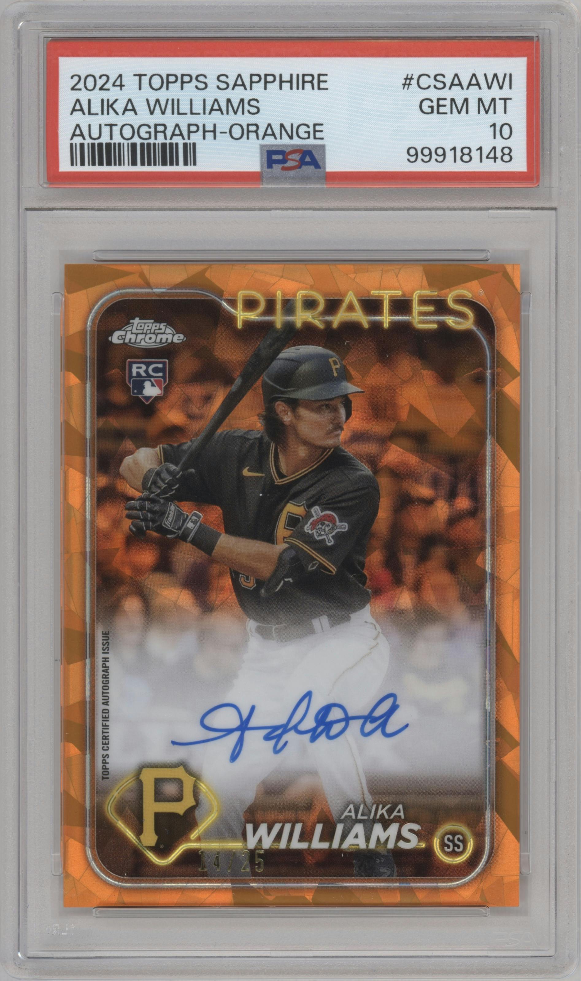 Alika Williams from the 2024 Topps Chrome Sapphire set featuring a Orange parallel graded by PSA and given an overall grade of 10.