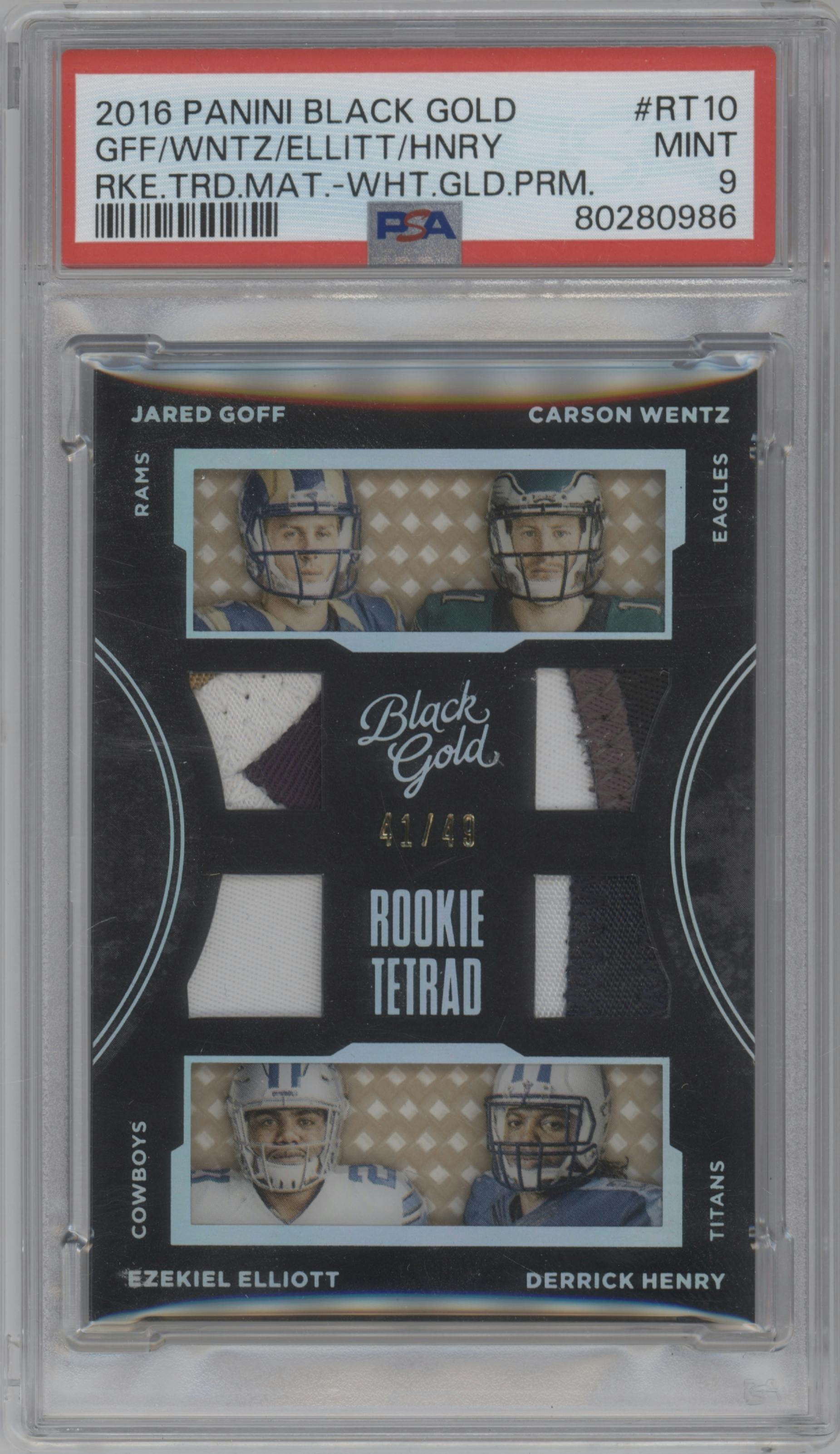 Jared Goff/Carson Wentz/Ezekiel Elliot/Derrick Henry from the 2016 Panini Black Gold set featuring a White Gold Prime parallel graded by PSA and given an overall grade of 9.