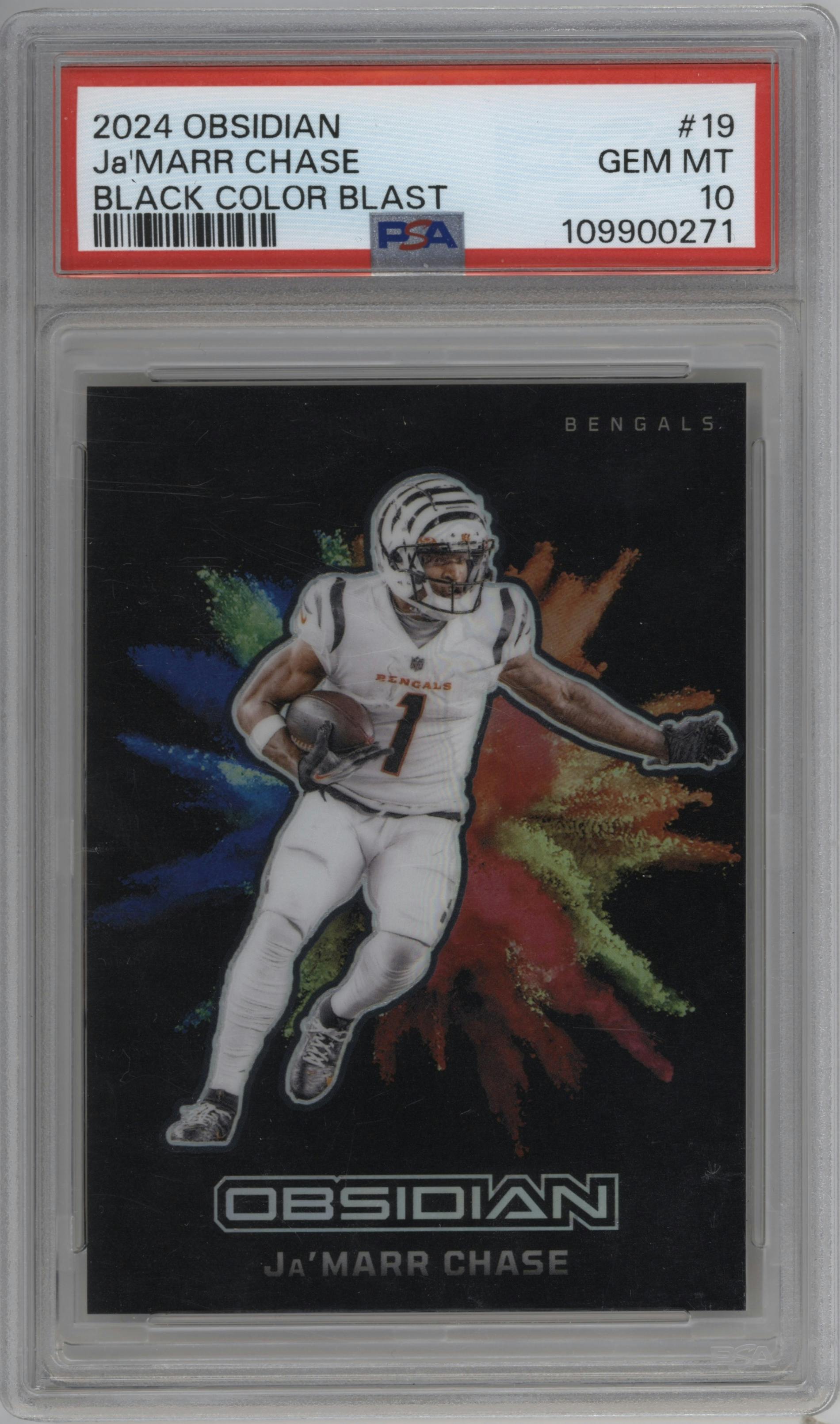 Ja’Marr Chase from the 2024 Panini Obsidian set graded by PSA and given an overall grade of 10.