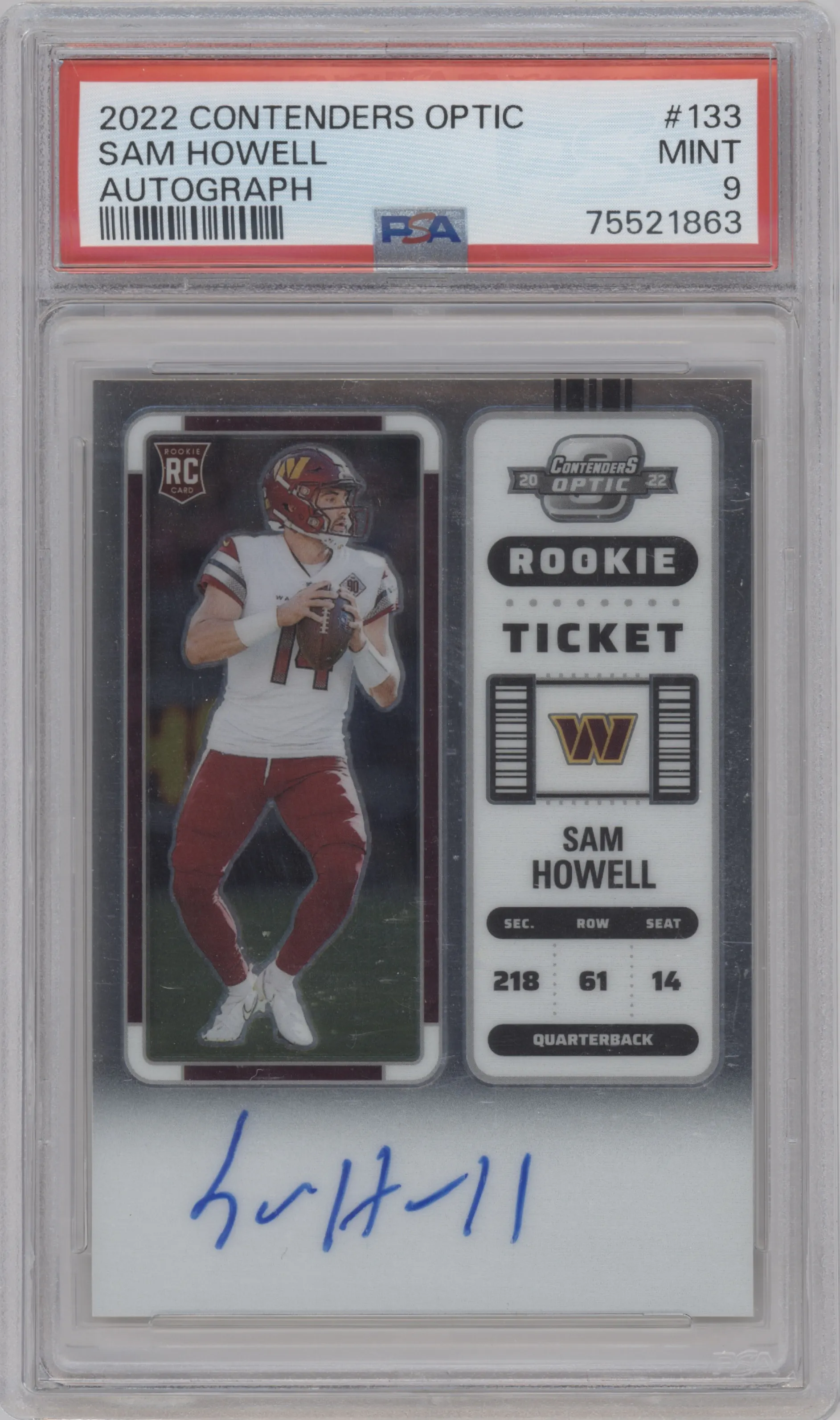 2022 Panini Contenders Optic Rke.Tkt.Auto Sam Howell PSA 9