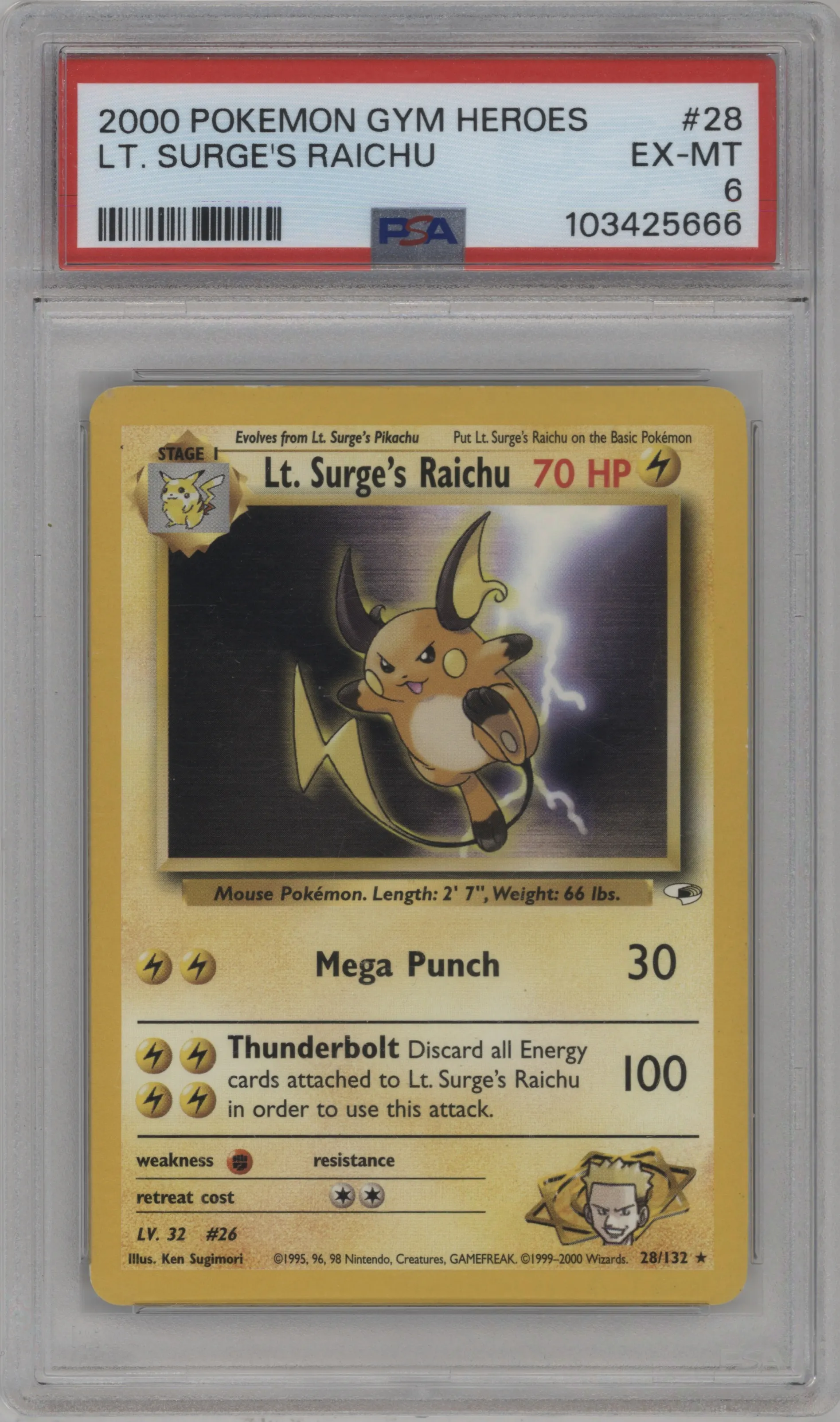 2000 Pokemon GH Gym Heroes Lt. Surge's Raichu #28 PSA 6
