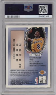 Kobe Bryant from the 1996-97 Topps Finest set featuring a Refractor parallel graded by PSA and given an overall grade of 9.