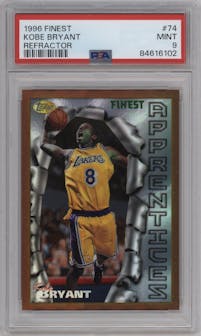 Kobe Bryant from the 1996-97 Topps Finest set featuring a Refractor parallel graded by PSA and given an overall grade of 9.
