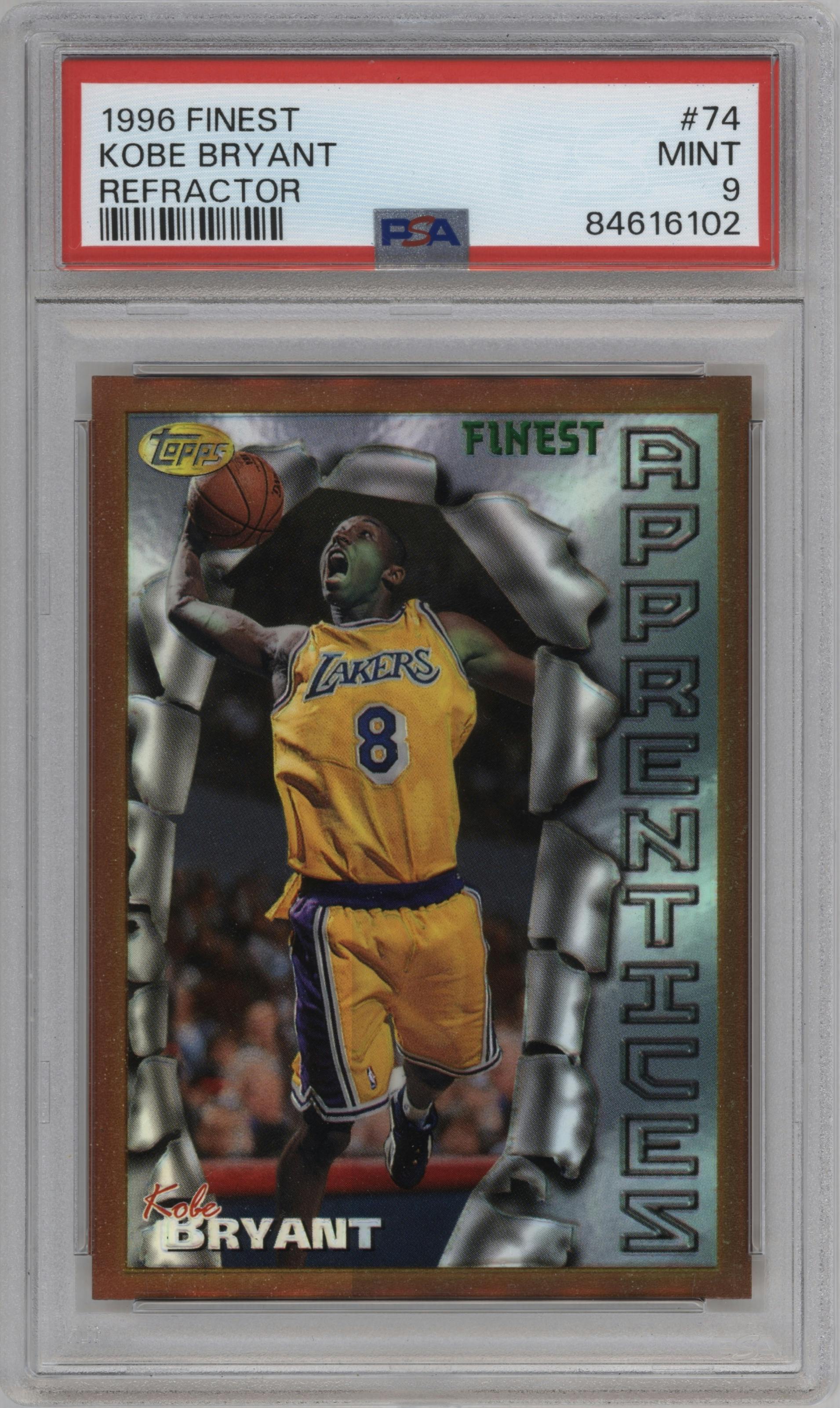 Kobe Bryant from the 1996-97 Topps Finest set featuring a Refractor parallel graded by PSA and given an overall grade of 9.