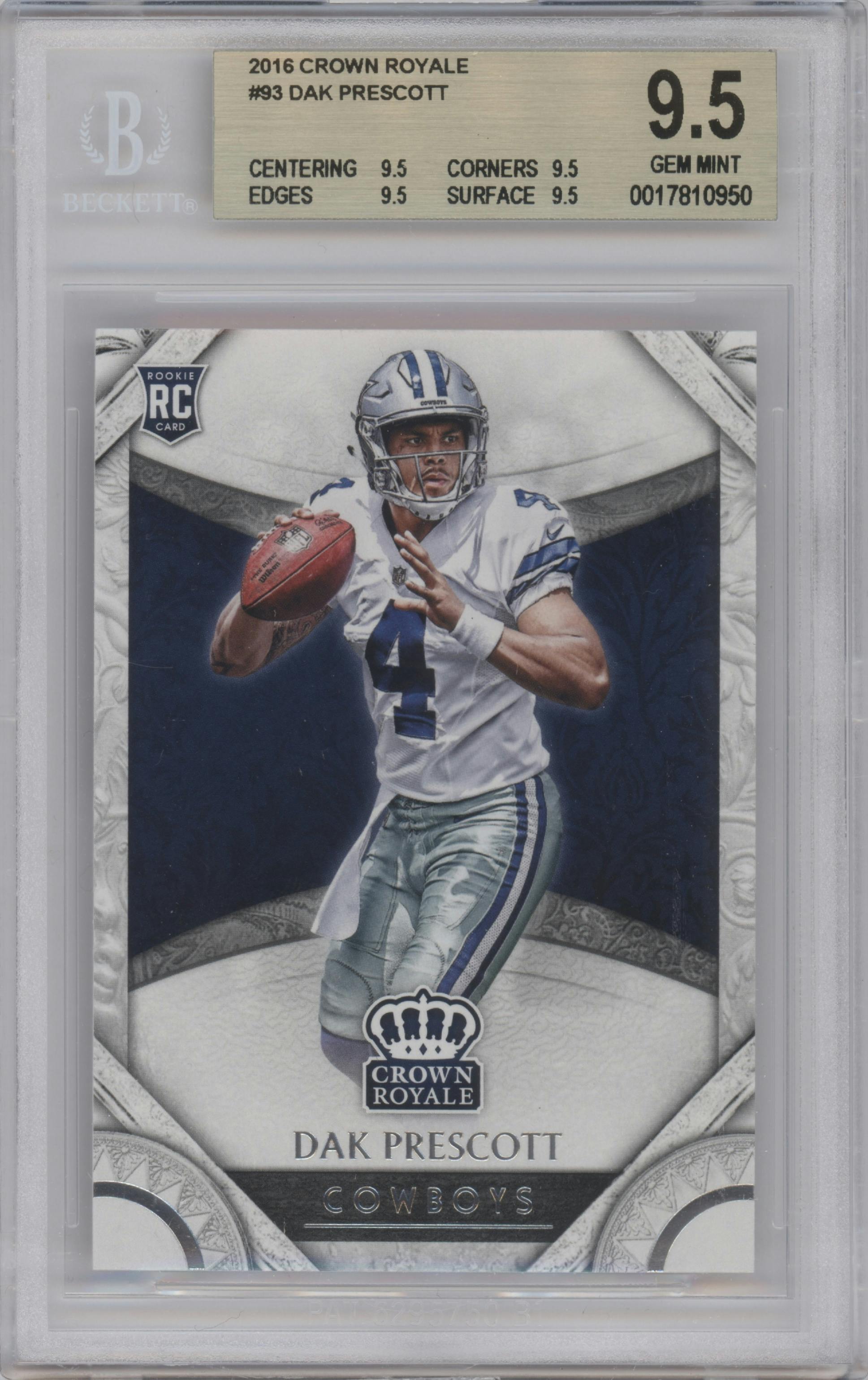 Dak Prescott from the 2016 Panini Crown Royale set graded by Beckett and given an overall grade of 9.5.