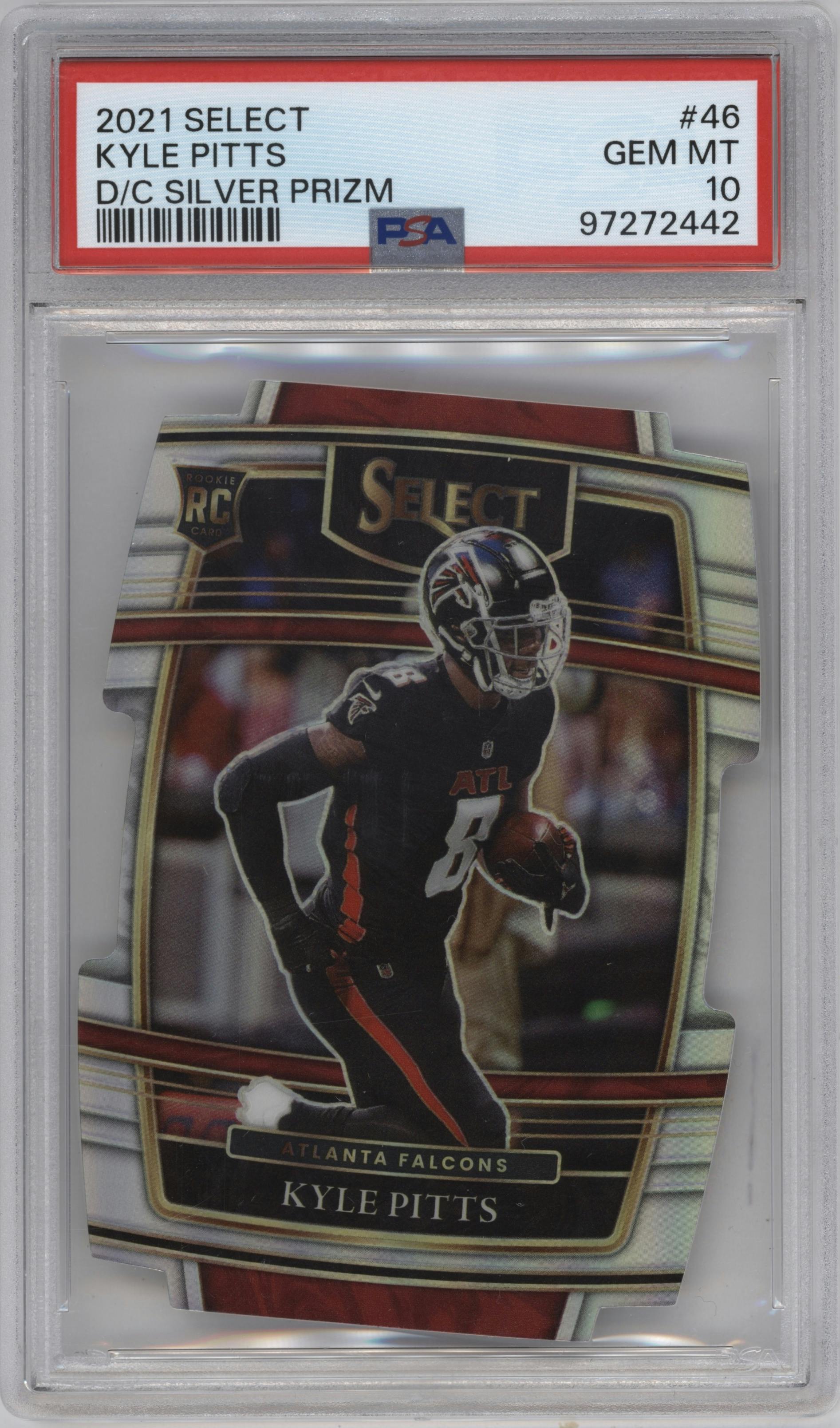 Kyle Pitts from the 2021 Panini Select set featuring a Die-Cut Silver parallel graded by PSA and given an overall grade of 10.