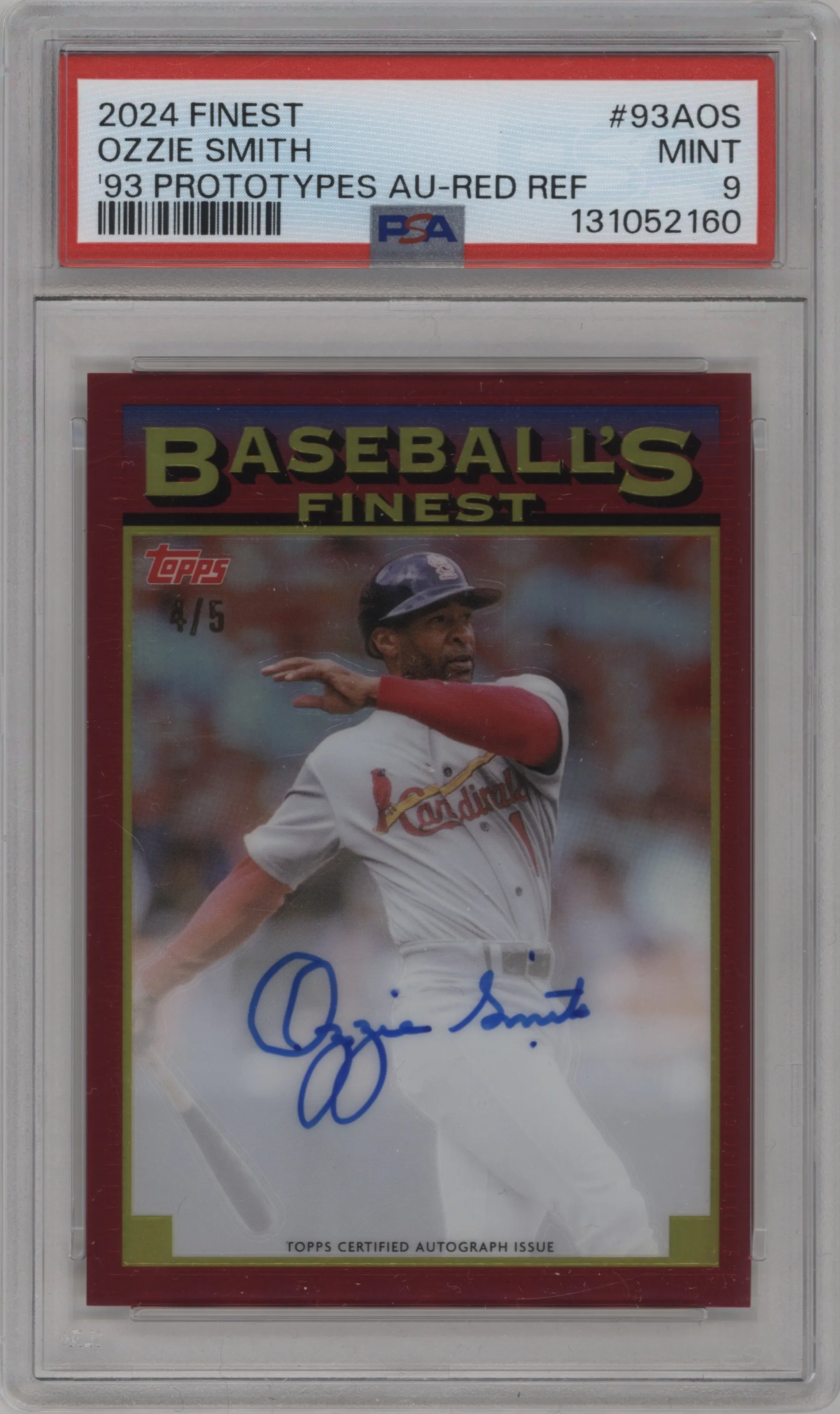 2024 Topps Finest '93 PT Auto Var. Ozzie Smith Red Refractor #93A-OS PSA 9