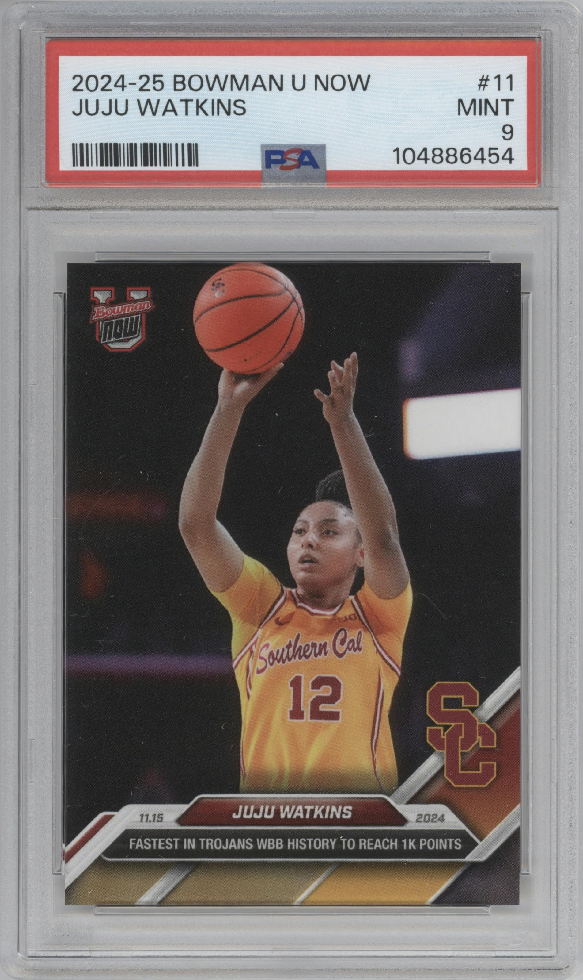 JuJu Watkins from the 2024-25 Bowman U Now set graded by PSA and given an overall grade of 9.