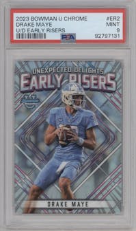 Drake Maye from the 2023 Bowman Chrome University set graded by PSA and given an overall grade of 9.