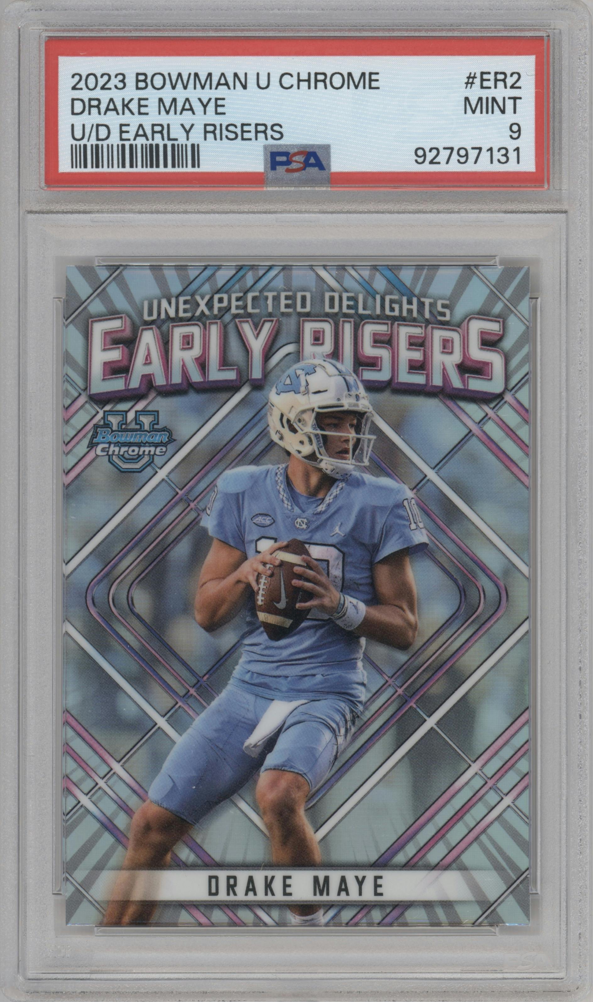 Drake Maye from the 2023 Bowman Chrome University set graded by PSA and given an overall grade of 9.