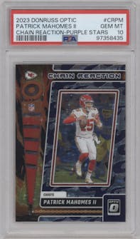 Patrick Mahomes II from the 2023 Donruss Optic set featuring a Purple Stars parallel graded by PSA and given an overall grade of 10.
