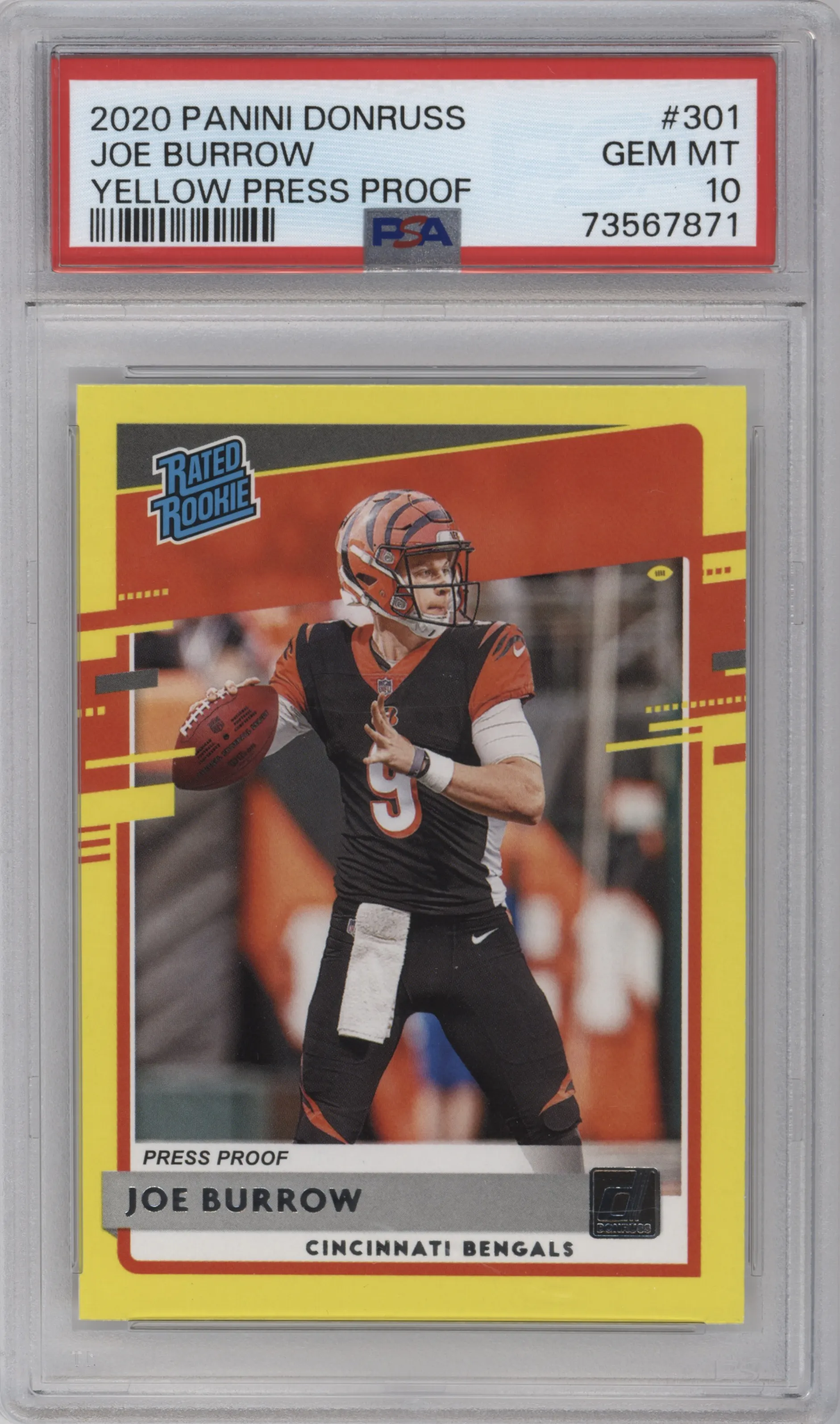 2020 Panini Donruss Rated Rookie Joe Burrow Press Proof Yellow PSA 10