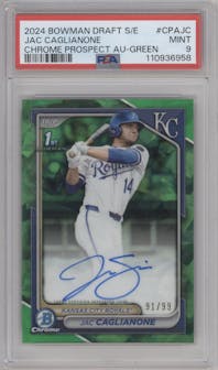 Jac Caglianone from the 2024 Bowman Draft Sapphire Edition set featuring a Green parallel graded by PSA and given an overall grade of 9.
