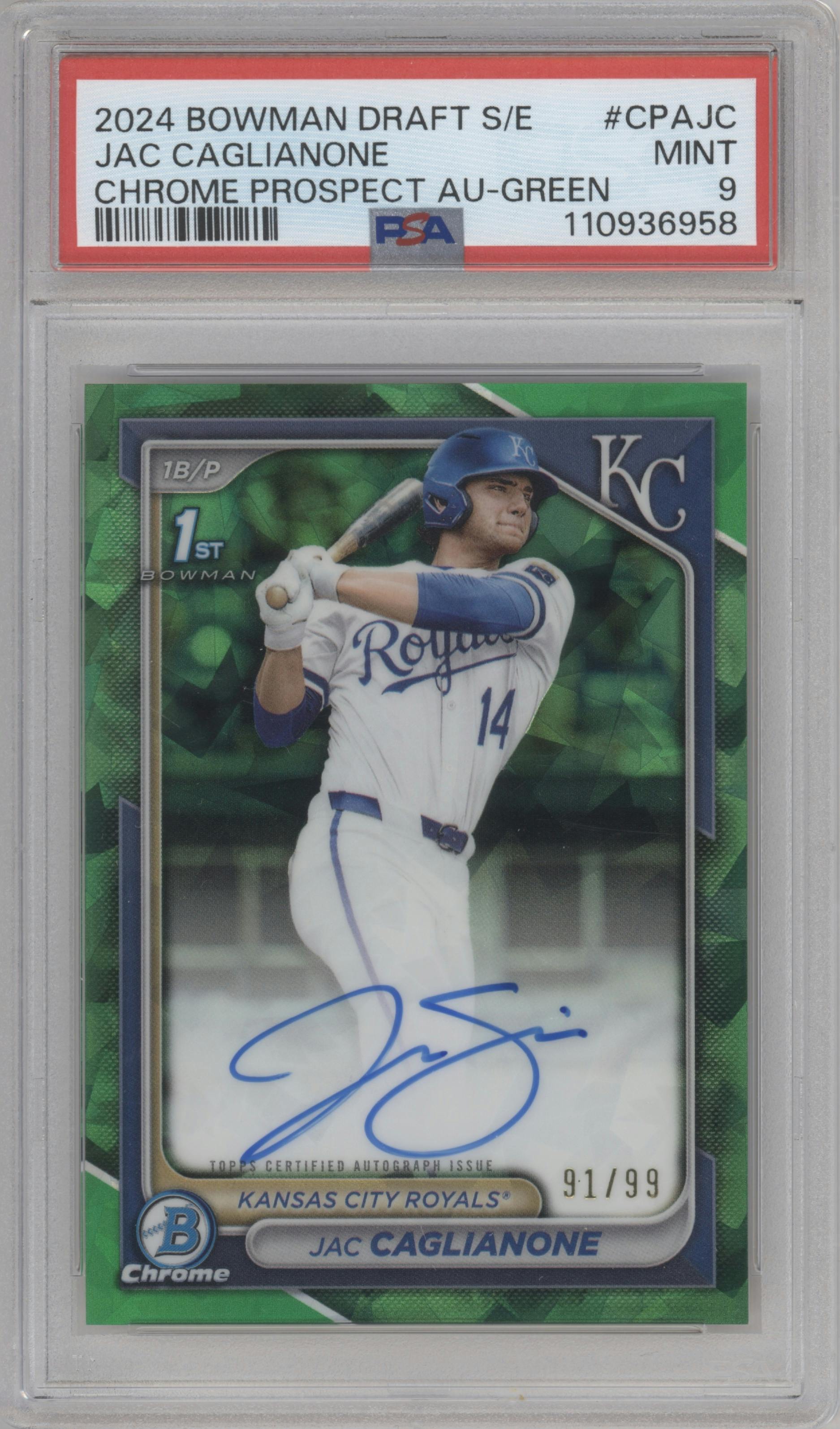 Jac Caglianone from the 2024 Bowman Draft Sapphire Edition set featuring a Green parallel graded by PSA and given an overall grade of 9.