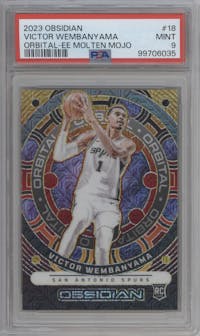 Victor Wembanyama from the 2023-24 Panini Obsidian set featuring a Electric Etch Molten Mojo parallel graded by PSA and given an overall grade of 9.