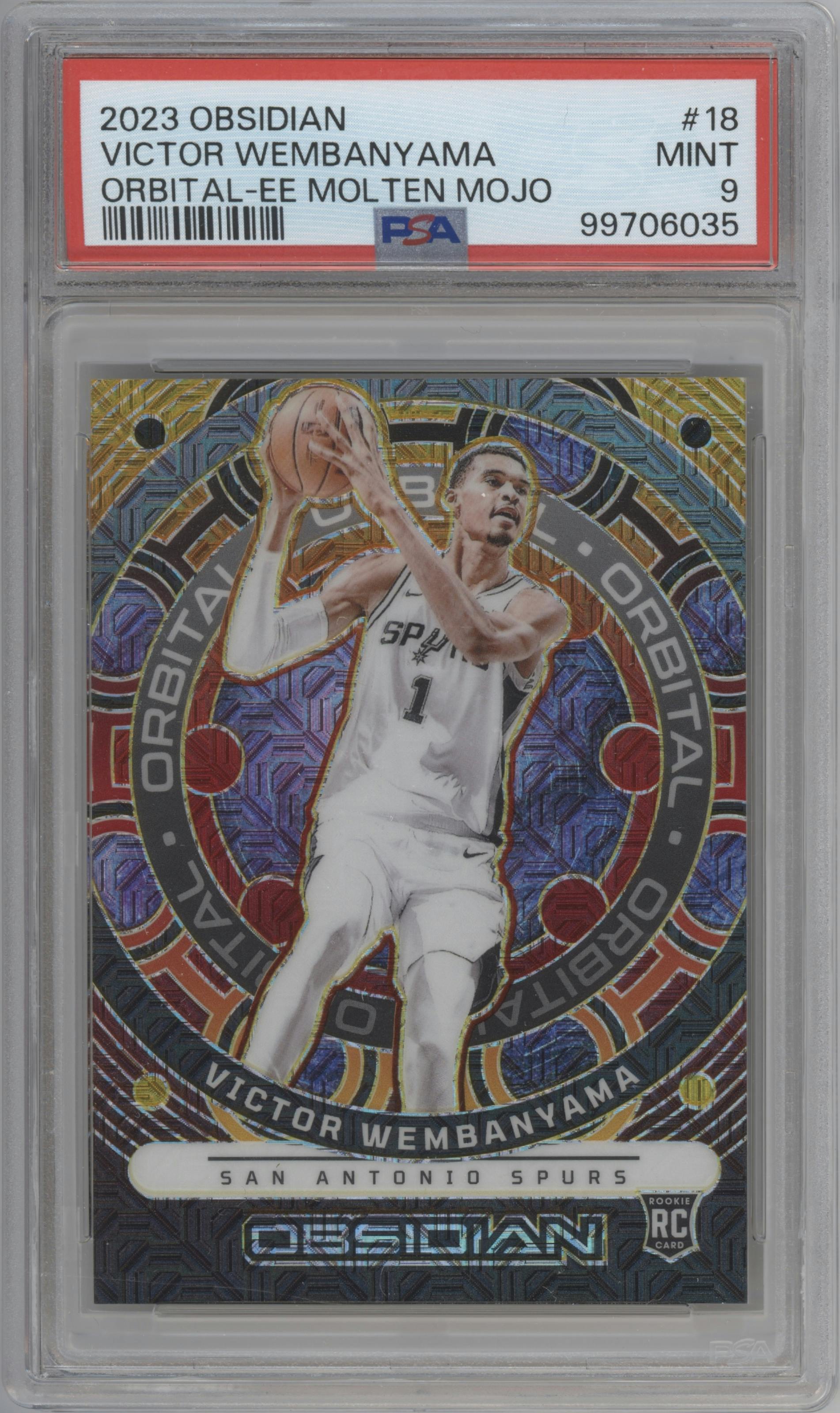 Victor Wembanyama from the 2023-24 Panini Obsidian set featuring a Electric Etch Molten Mojo parallel graded by PSA and given an overall grade of 9.