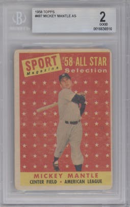 Mickey Mantle from the 1958 Topps set graded by Beckett and given an overall grade of 2.
