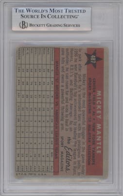 Mickey Mantle from the 1958 Topps set graded by Beckett and given an overall grade of 2.