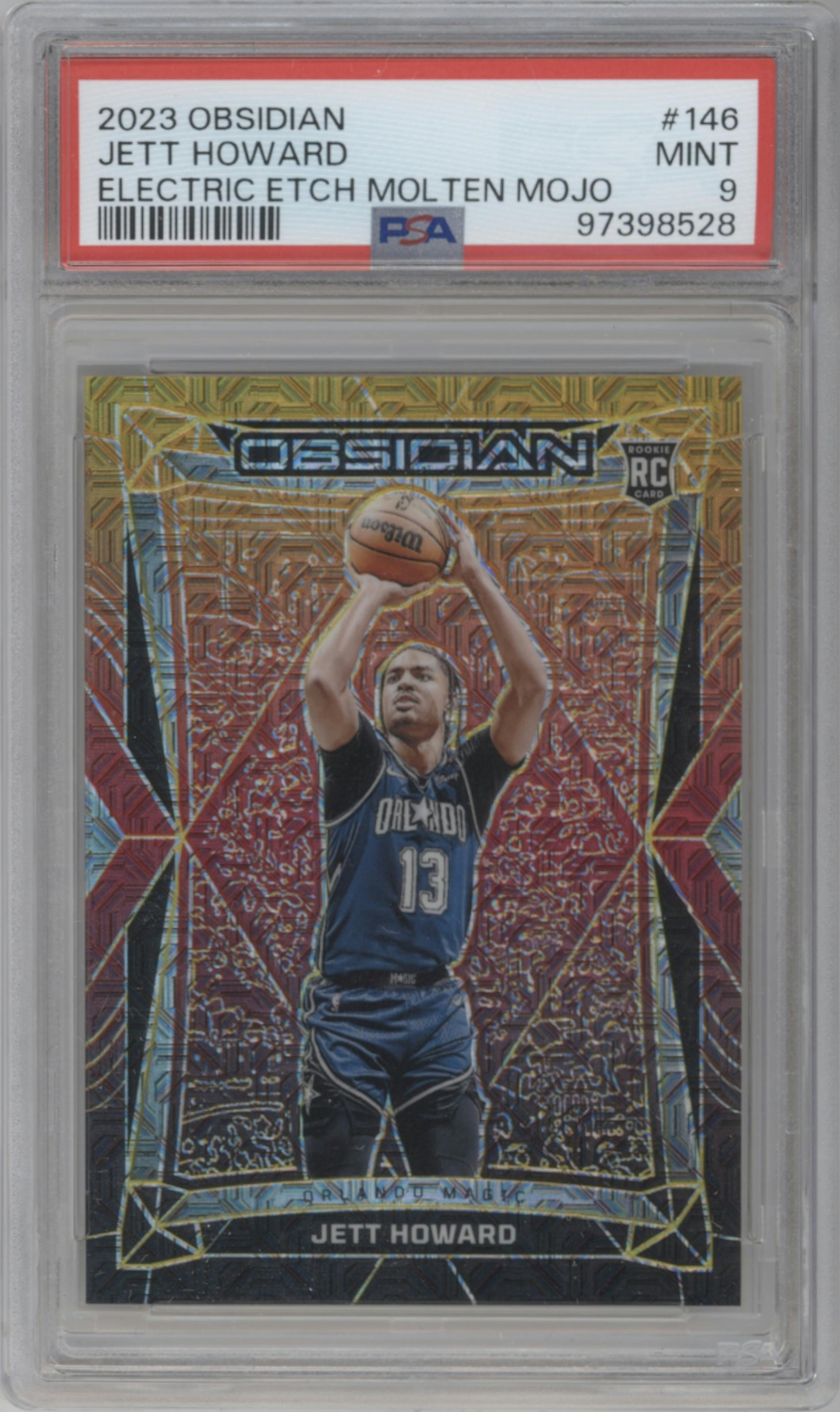 Jett Howard from the 2023-24 Panini Obsidian set featuring a Electric Etch Molten Mojo parallel graded by PSA and given an overall grade of 9.