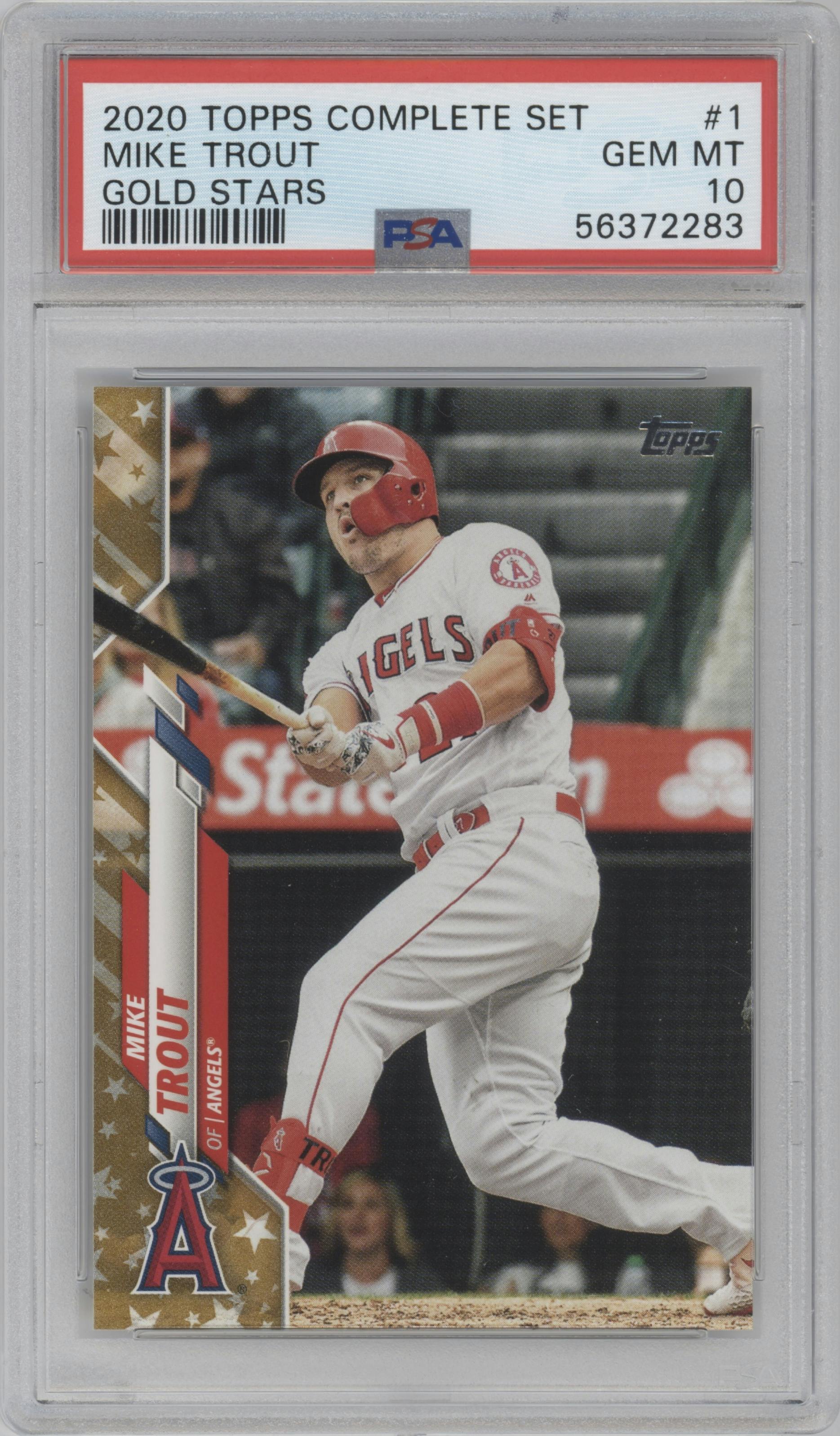 Mike Trout from the 2020 Topps Series 1 set featuring a Gold Stars parallel graded by PSA and given an overall grade of 10.