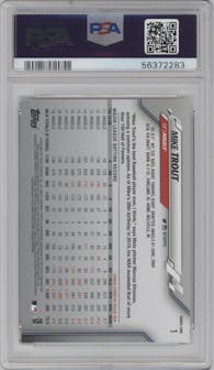 Mike Trout from the 2020 Topps Series 1 set featuring a Gold Stars parallel graded by PSA and given an overall grade of 10.
