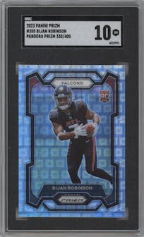 Bijan Robinson from the 2023 Panini Prizm set featuring a Pandora parallel graded by SGC and given an overall grade of 10.