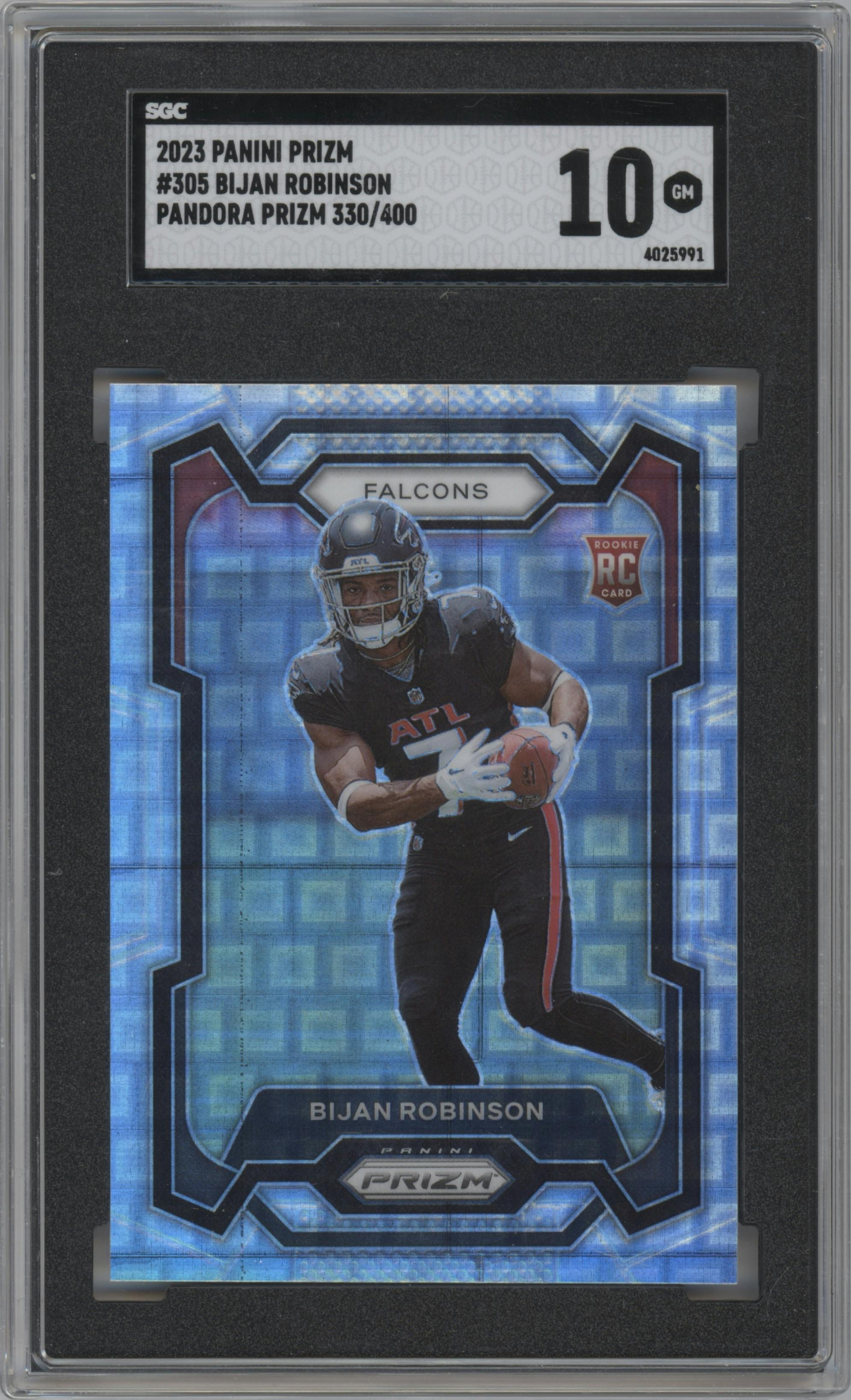 Bijan Robinson from the 2023 Panini Prizm set featuring a Pandora parallel graded by SGC and given an overall grade of 10.