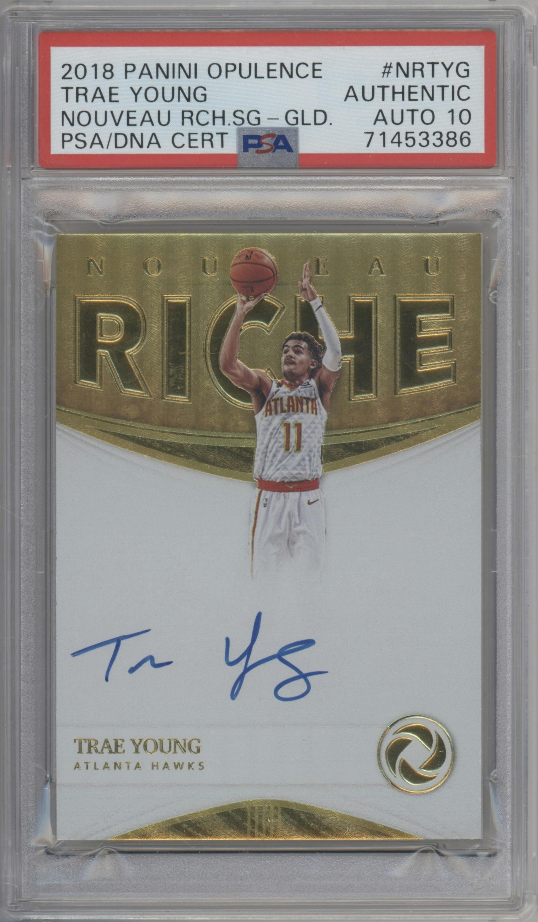 Trae Young from the 2018-19 Panini Opulence  set featuring a Gold parallel graded by PSA.