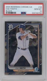 Colt Keith from the 2024 Bowman Chrome Sapphire set featuring a Black parallel graded by PSA and given an overall grade of 10.