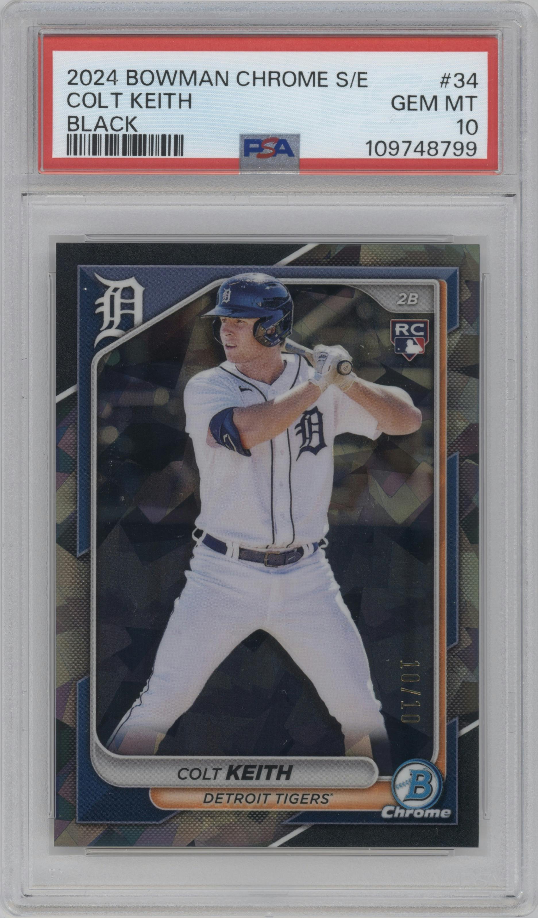 Colt Keith from the 2024 Bowman Chrome Sapphire set featuring a Black parallel graded by PSA and given an overall grade of 10.