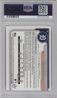Colt Keith from the 2024 Bowman Chrome Sapphire set featuring a Black parallel graded by PSA and given an overall grade of 10.