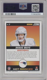 Drake Maye from the 2024 Panini Score set featuring a Gold Zone parallel graded by PSA and given an overall grade of 10.