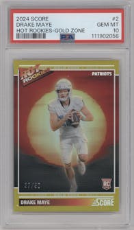 Drake Maye from the 2024 Panini Score set featuring a Gold Zone parallel graded by PSA and given an overall grade of 10.