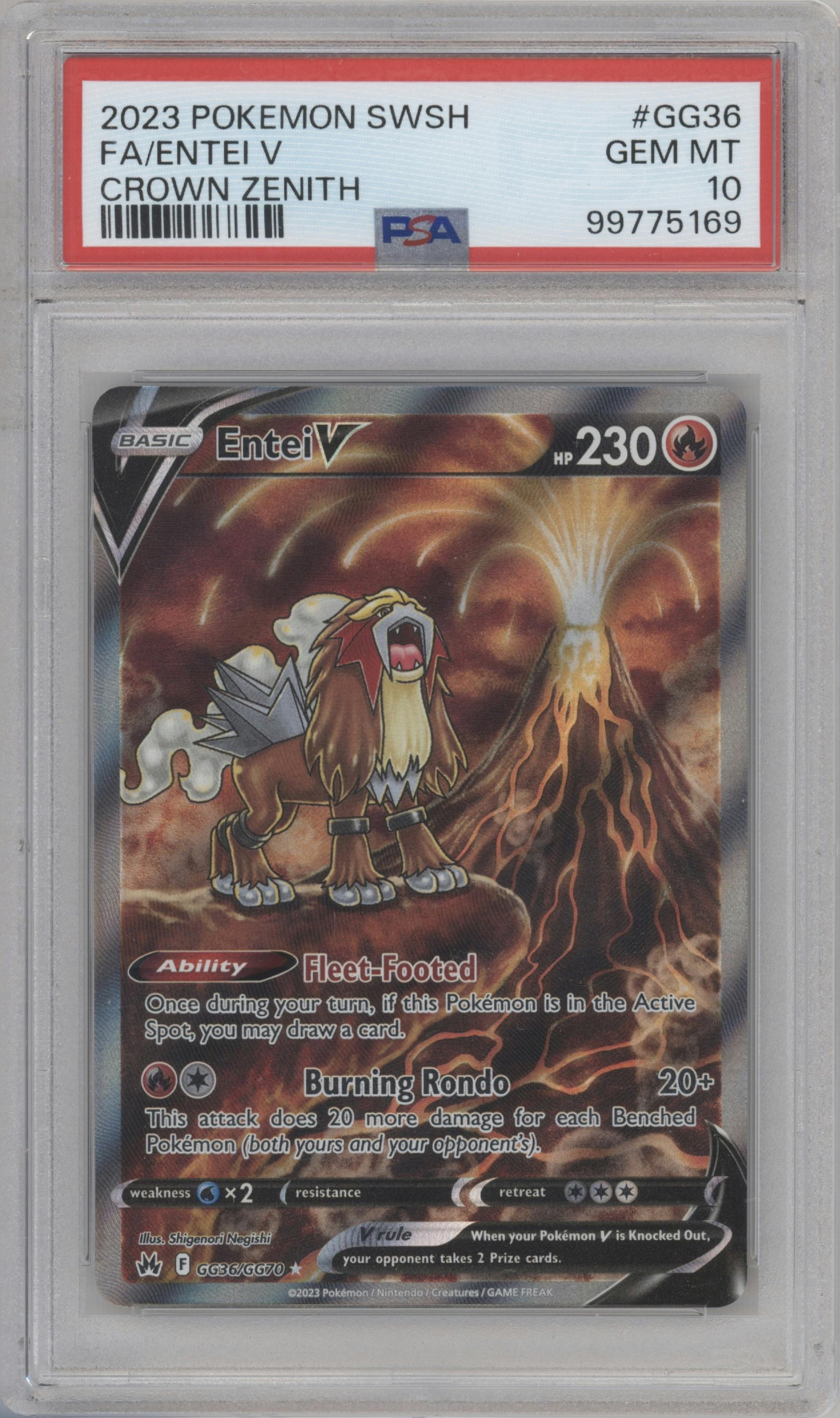 Entei V from the 2023 Pokemon SWSH set graded by PSA and given an overall grade of 10.