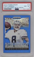 Troy Aikman from the 2013 Panini Prizm set featuring a Walmart Blue parallel graded by PSA and given an overall grade of 8.