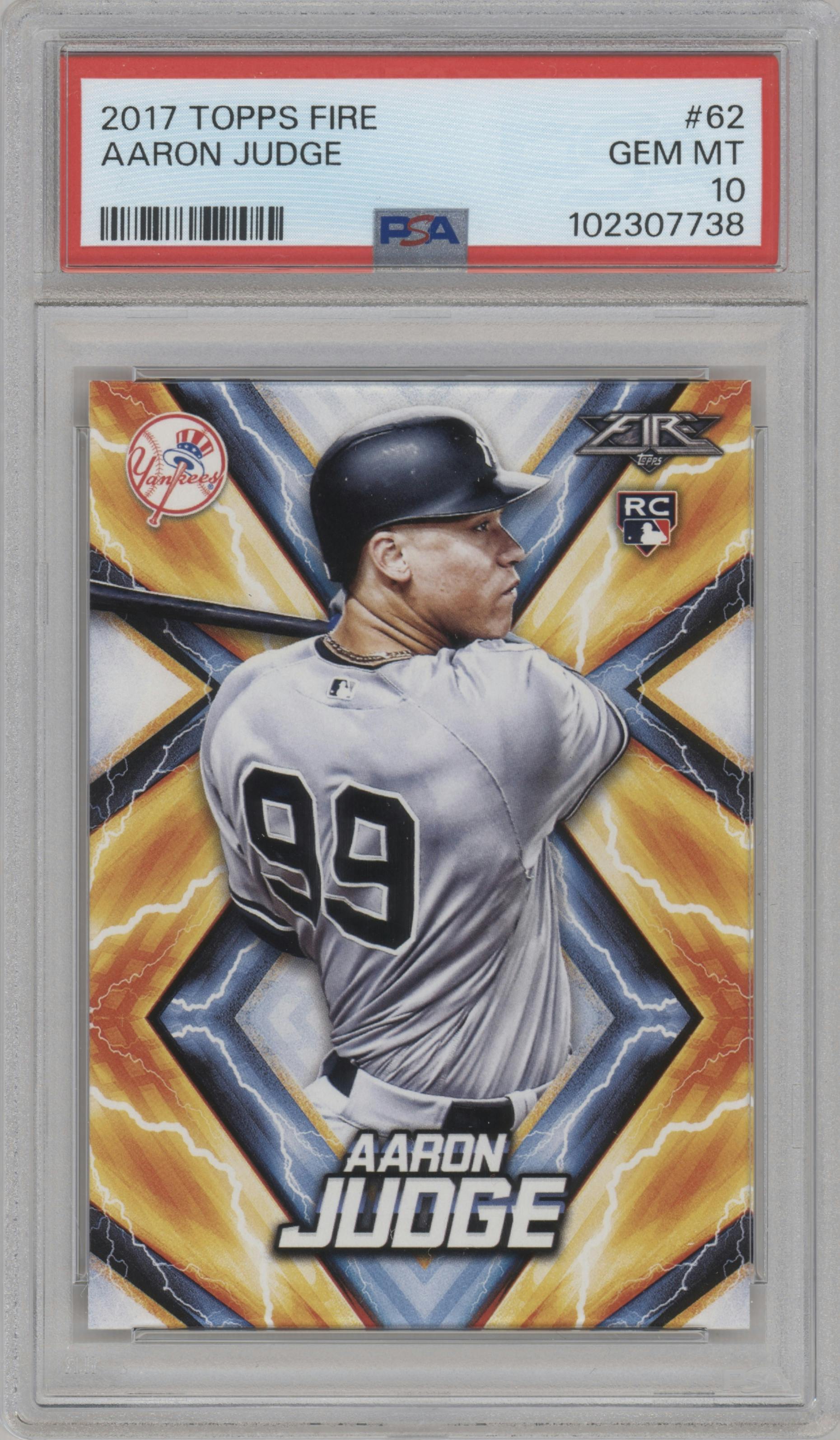 Aaron Judge from the 2017 Topps Fire set graded by PSA and given an overall grade of 10.