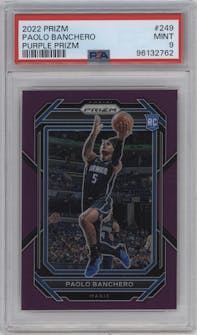 Paolo Banchero from the 2022-23 Panini Prizm  set featuring a Purple Prizm parallel graded by PSA and given an overall grade of 9.
