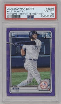 Austin Wells from the 2020 Bowman Draft set featuring a Purple Refractor parallel graded by PSA and given an overall grade of 10.