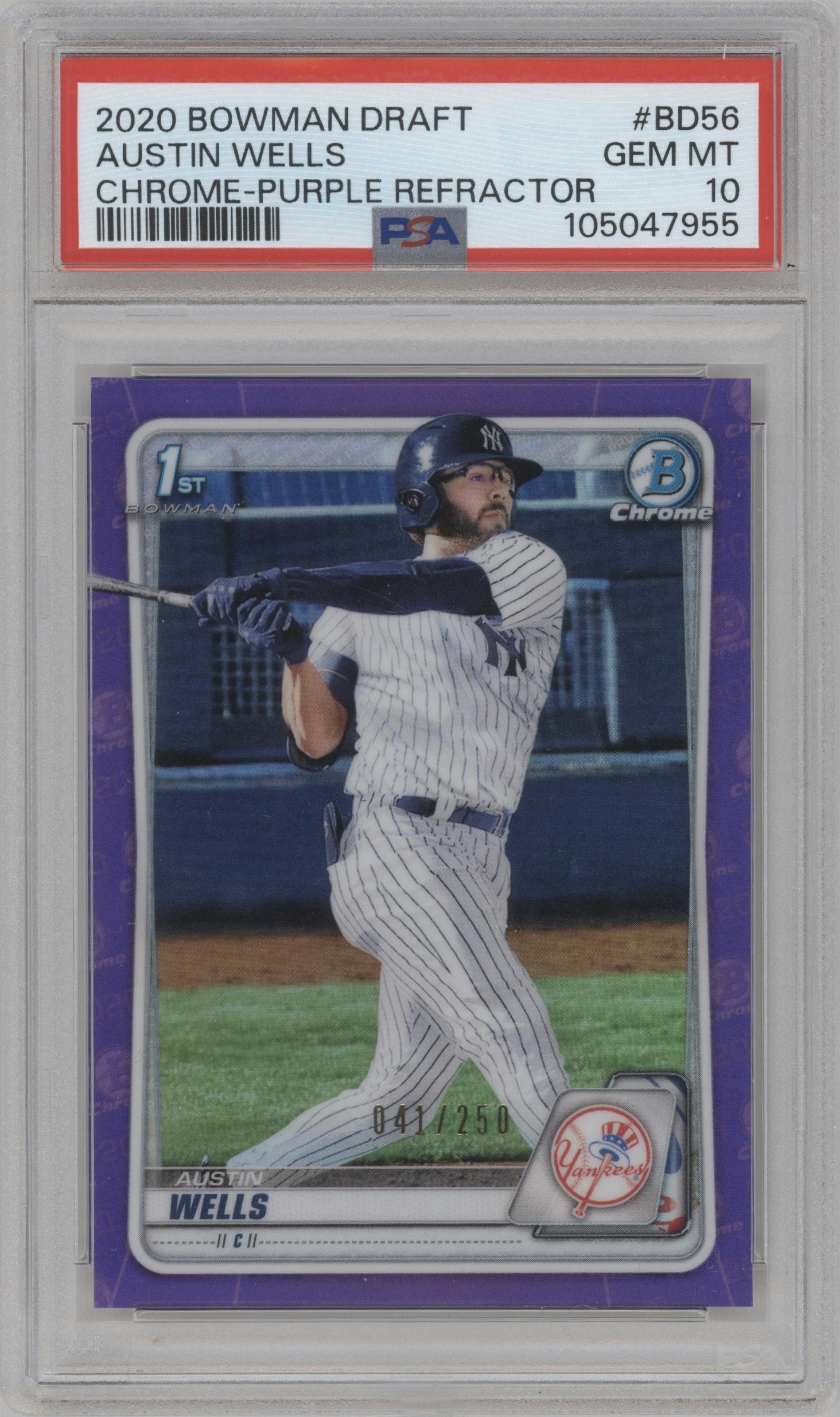 Austin Wells from the 2020 Bowman Draft set featuring a Purple Refractor parallel graded by PSA and given an overall grade of 10.