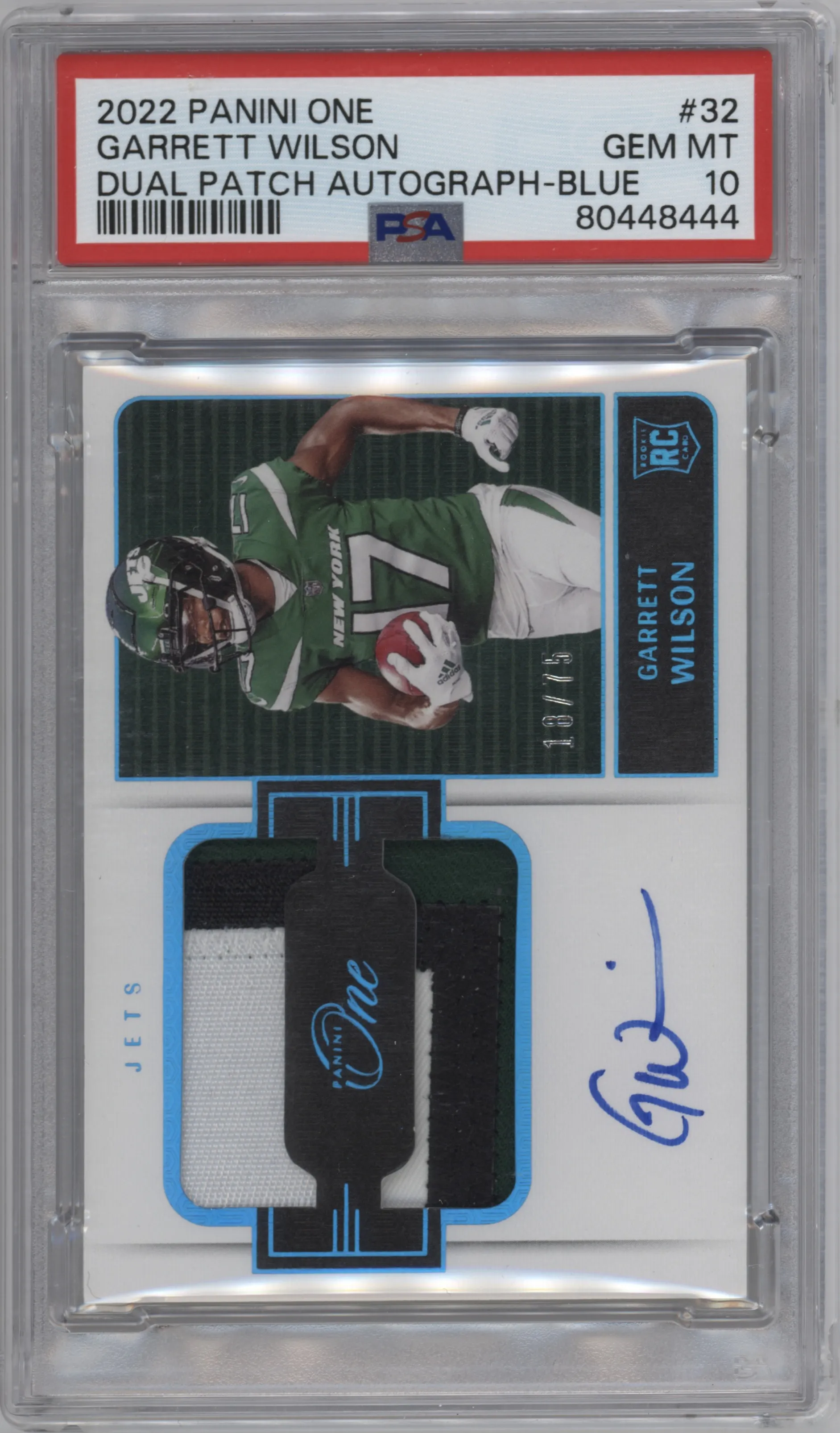 2022 Panini One Rke.Dual Patch Auto Garrett Wilson Blue PSA 10