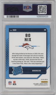 Bo Nix from the 2024 Donruss set featuring a Red Pandora parallel graded by PSA and given an overall grade of 10.