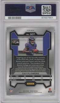 Zay Flowers  from the 2023 Panini Prizm set featuring a Silver Prizm parallel graded by PSA and given an overall grade of 10.