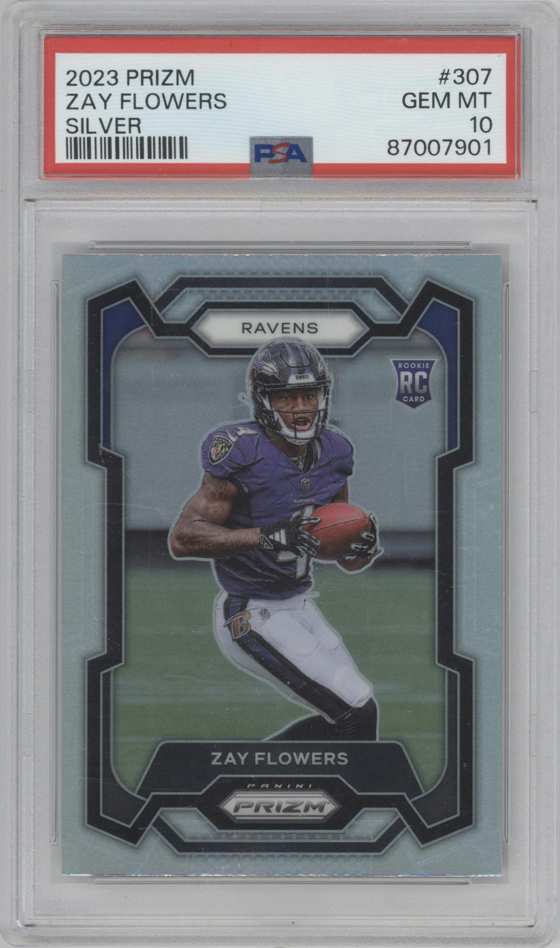 Zay Flowers  from the 2023 Panini Prizm set featuring a Silver Prizm parallel graded by PSA and given an overall grade of 10.