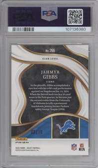 Jahmyr Gibbs from the 2023 Panini Select set featuring a Gold Dragon Scale parallel graded by PSA and given an overall grade of 10.
